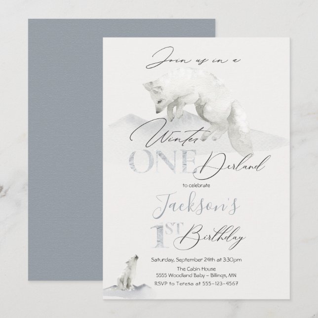 winter onederland 1st birthday white artic fox invitation (Front/Back)