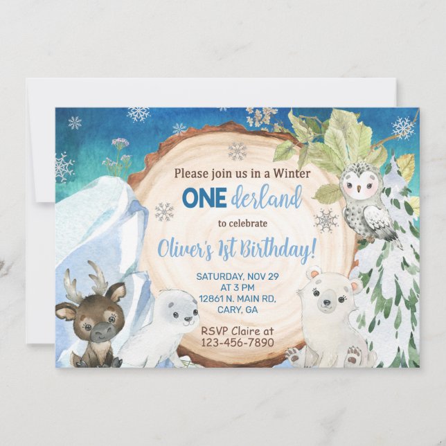 Winter Onederland 1st, first birthday invitation. Invitation (Front)