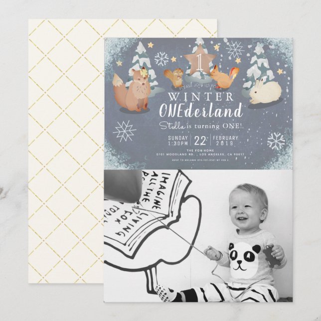Winter Onederland Animals Photo 1st Birthday Invitation (Front/Back)