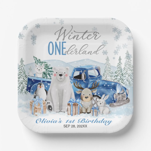 Winter Onederland Arctic Animal Boy 1st Birthday Paper Plates (Front)