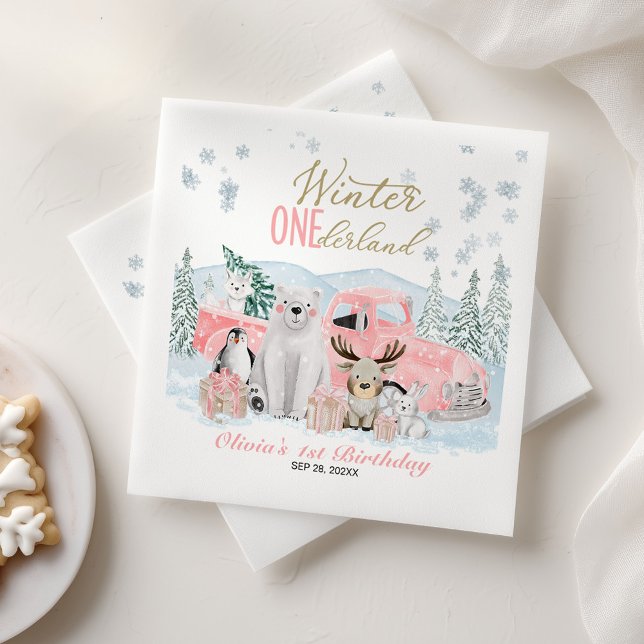 Winter Onederland Arctic Animal Girl 1st Birthday Napkins (Creator Uploaded)