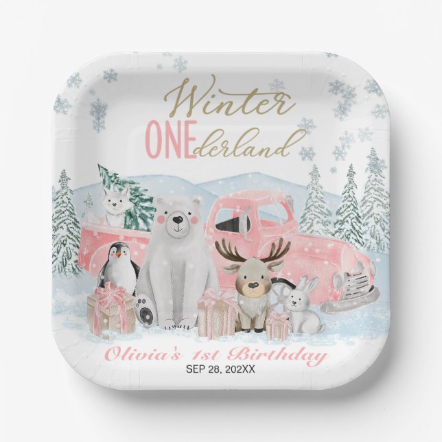 Winter Onederland Arctic Animal Girl 1st Birthday Paper Plates (Front)
