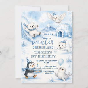 Winter Onederland Arctic Animals Birthday  Invitation