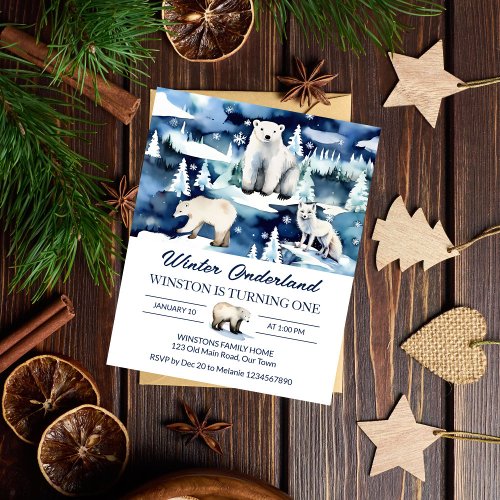 Winter onederland arctic animals birthday invite