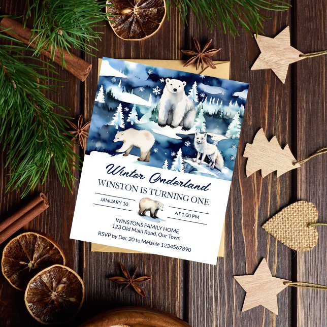 Winter onederland arctic animals birthday invite (Winter onederland arctic animals birthday party budget  invitation white and blue affordable invite)