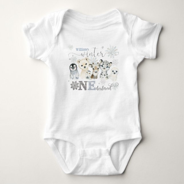 Winter Onederland Arctic Animals Blue 1st Birthday Baby Bodysuit (Front)