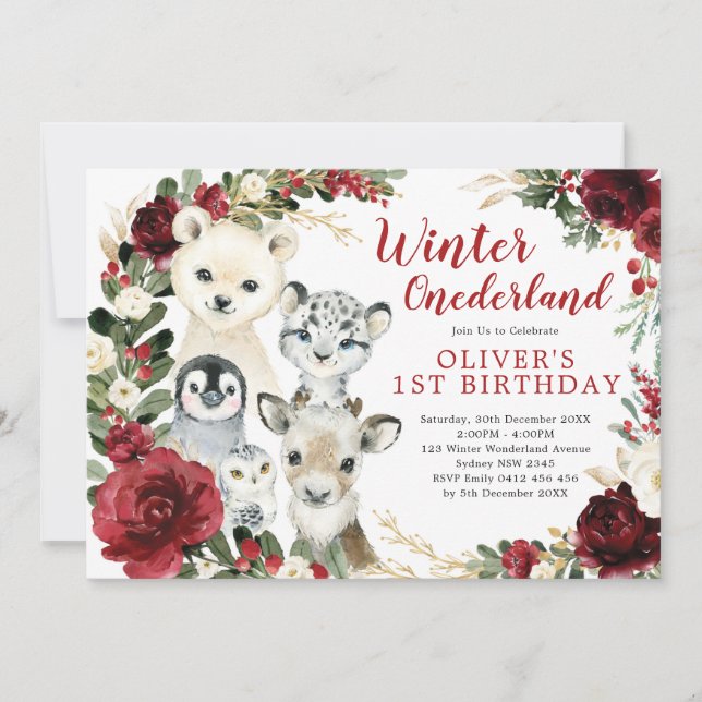 Winter ONEderland Arctic Animals Floral Birthday Invitation (Front)