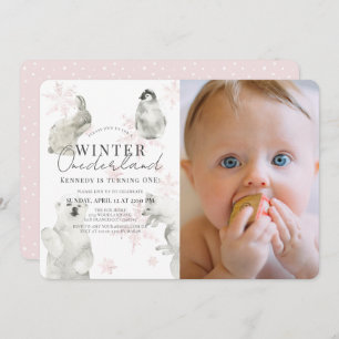 Winter Onederland Arctic Animals Girl 1st Birthday Invitation