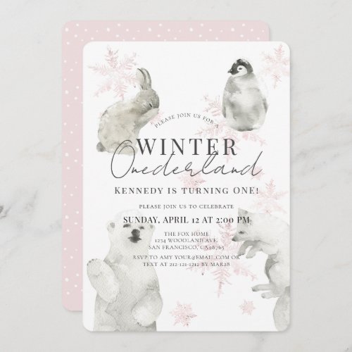 Winter Onederland Arctic Animals Girl 1st Birthday Invitation