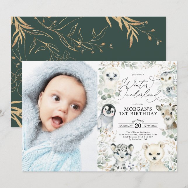 Winter Onederland Arctic Animals Greenery Birthday Invitation (Front/Back)