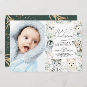 Winter Onederland Arctic Animals Greenery Birthday Invitation