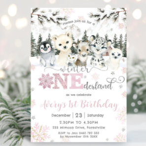 Winter Onederland Arctic Animals Snow 1st Birthday Invitation