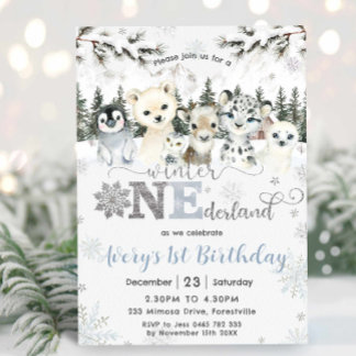 Winter Onederland Arctic Animals Snow 1st Birthday Invitation