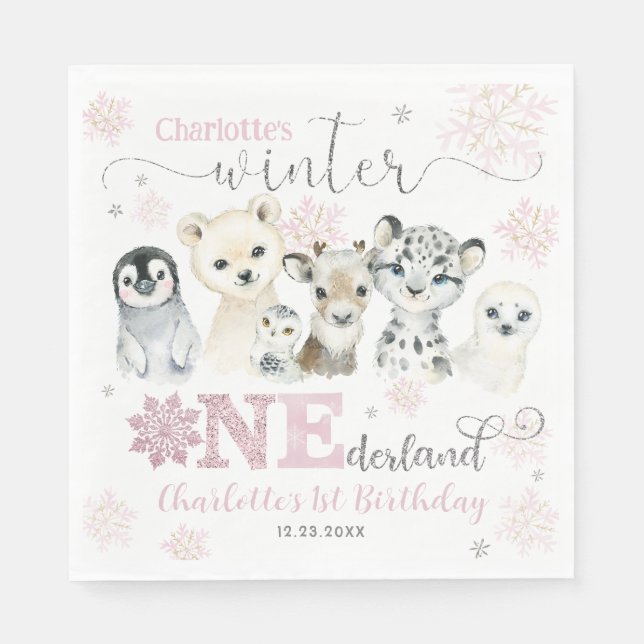 Winter Onederland Arctic Animals Snow 1st Birthday Napkins (Front)