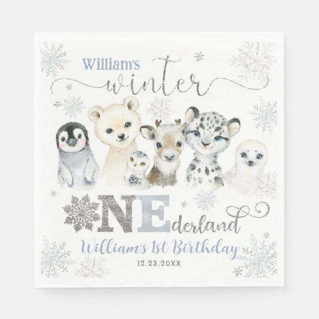 Winter Onederland Arctic Animals Snow 1st Birthday Napkins (Front)
