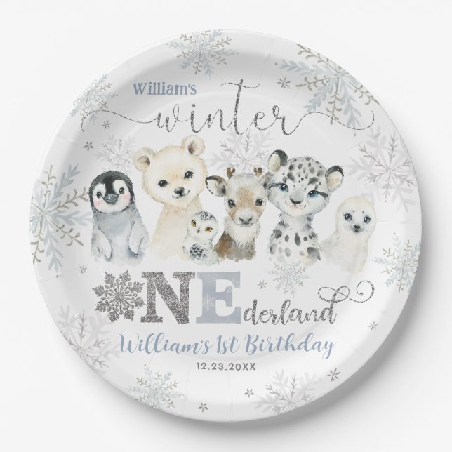 Winter Onederland Arctic Animals Snow 1st Birthday Paper Plates (Front)