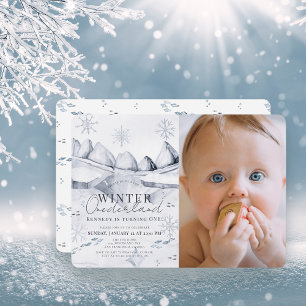 Winter Onederland Arctic Scene 1st Birthday Photo Invitation