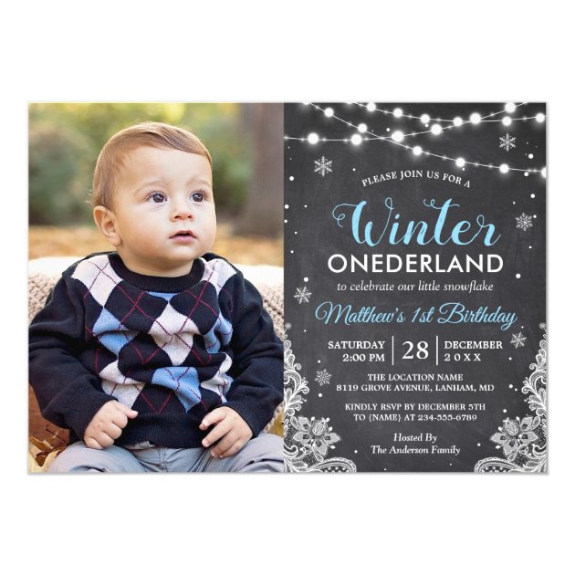Winter ONEderland Baby Boy First Birthday Photo Card
