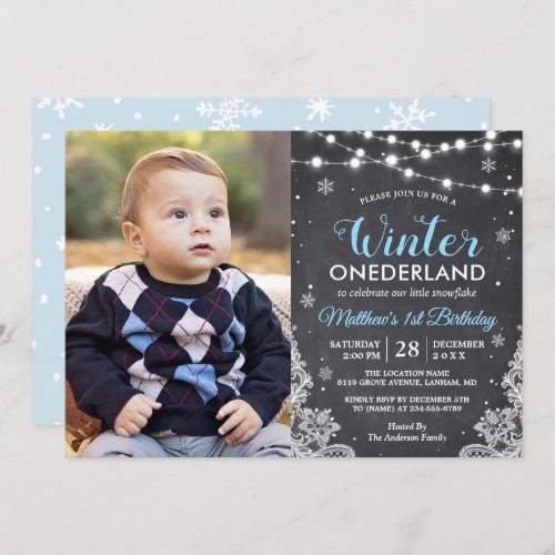 Winter ONEderland Baby Boy First Birthday Photo Invitation