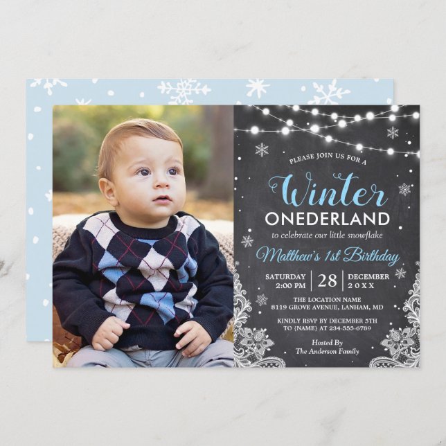 Winter ONEderland Baby Boy First Birthday Photo Invitation (Front/Back)