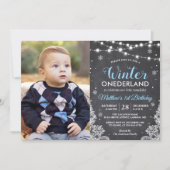 Winter ONEderland Baby Boy First Birthday Photo Invitation (Front)