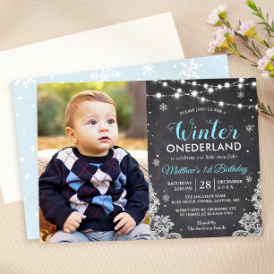 Winter ONEderland Baby Boy First Birthday Photo Invitation