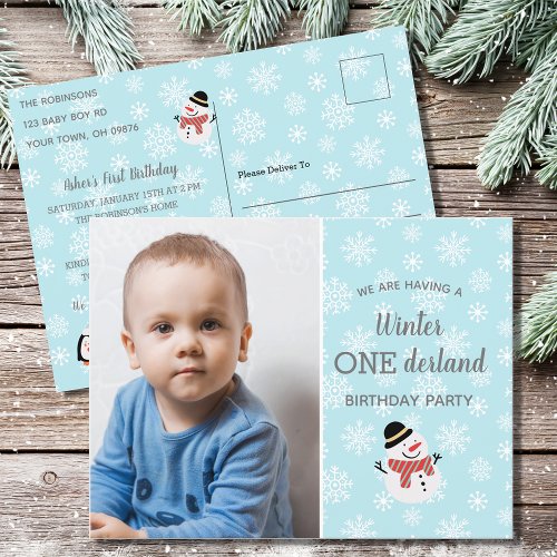Winter Onederland Baby Boys First Birthday Invitation Postcard