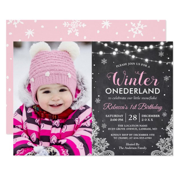 Winter ONEderland Baby Girl 1st Birthday Photo Card