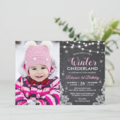 Winter ONEderland Baby Girl 1st Birthday Photo Invitation (Standing Front)