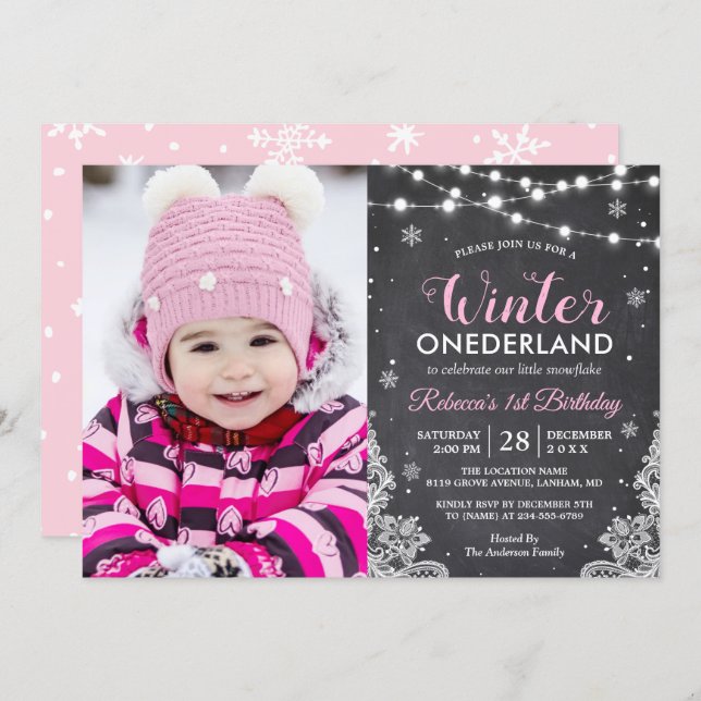 Winter ONEderland Baby Girl 1st Birthday Photo Invitation (Front/Back)