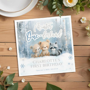 Winter Onederland Bear Blue First Birthday Party Napkins