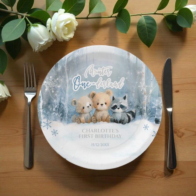 Winter Onederland Bear Blue First Birthday Party Paper Plates (Creator Uploaded)