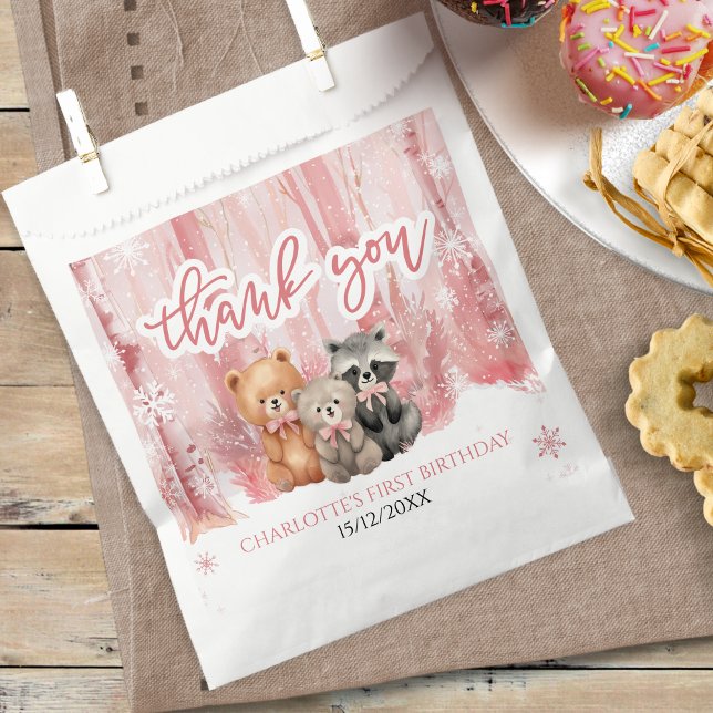 Winter Onederland Bear Pink First Birthday Party Favor Bag (Creator Uploaded)