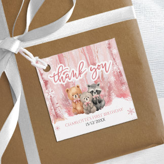 Winter Onederland Bear Pink First Birthday Party Favor Tags