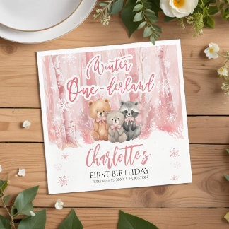 Winter Onederland Bear Pink First Birthday Party Napkins
