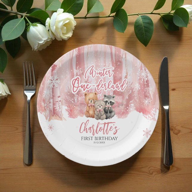 Winter Onederland Bear Pink First Birthday Party Paper Plates (Creator Uploaded)