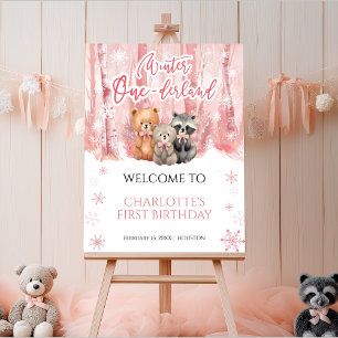 Winter Onederland Bear Pink First Welcome Sign
