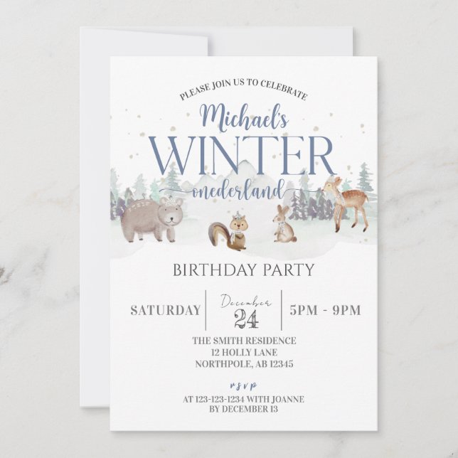 Winter Onederland Birthday, Animal 1st Birthday Invitation (Front)