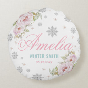 Winter ONEderland Birthday Baby Girl 1st Birthday Round Pillow