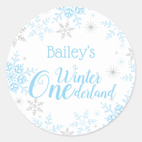 Winter ONEderland Birthday Blue Silver Glitter Classic Round Sticker