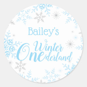 Winter ONEderland Birthday Blue Silver Glitter Classic Round Sticker