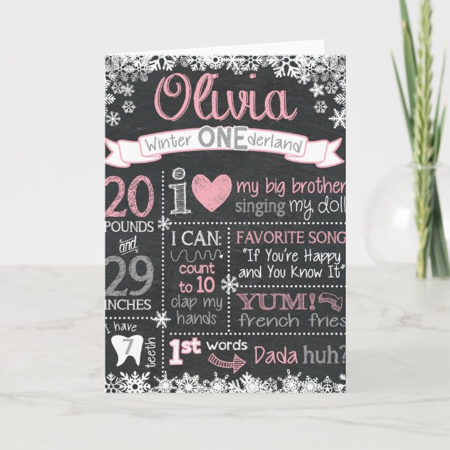 Winter ONEderland Birthday Chalkboard Sign Card (Front)