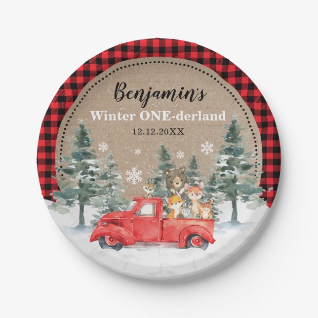 Winter ONEderland Birthday Forest Woodland Animals Paper Plates (Front)
