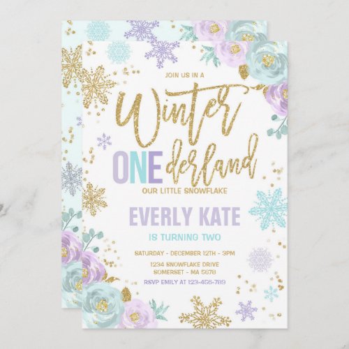 Winter ONEderland Birthday Gold Purple Snowflake Invitation