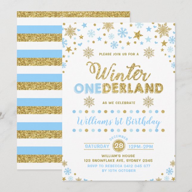 Winter ONEderland Birthday Invitation Blue Gold (Front/Back)