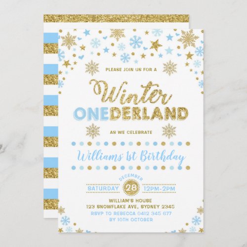Winter ONEderland Birthday Invitation Blue Gold