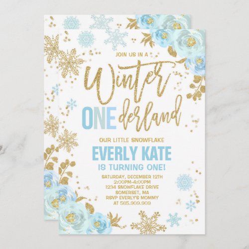 Winter ONEderland Birthday Invitation Blue  Gold