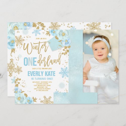 Winter ONEderland Birthday Invitation Blue Gold