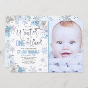 Winter ONEderland Birthday Invitation Blue Silver