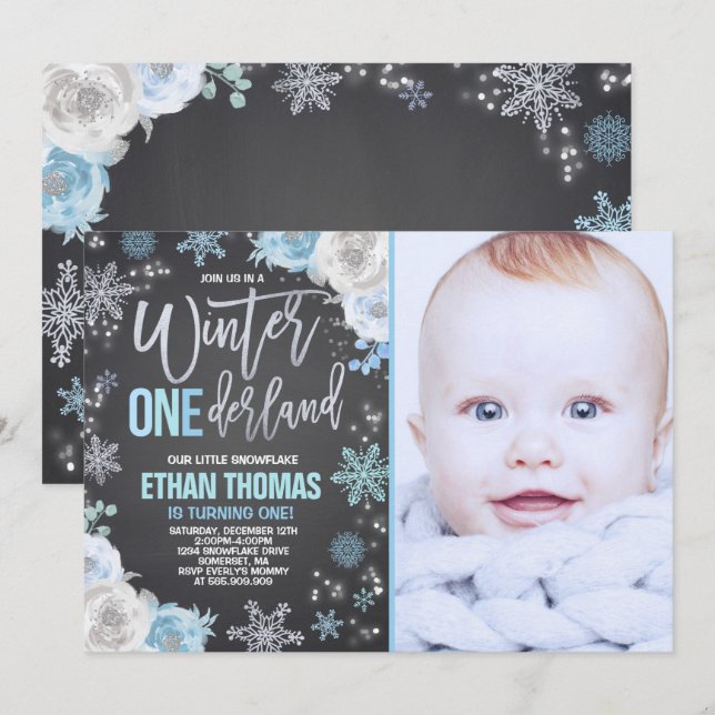 Winter ONEderland Birthday Invitation Blue Silver (Front/Back)